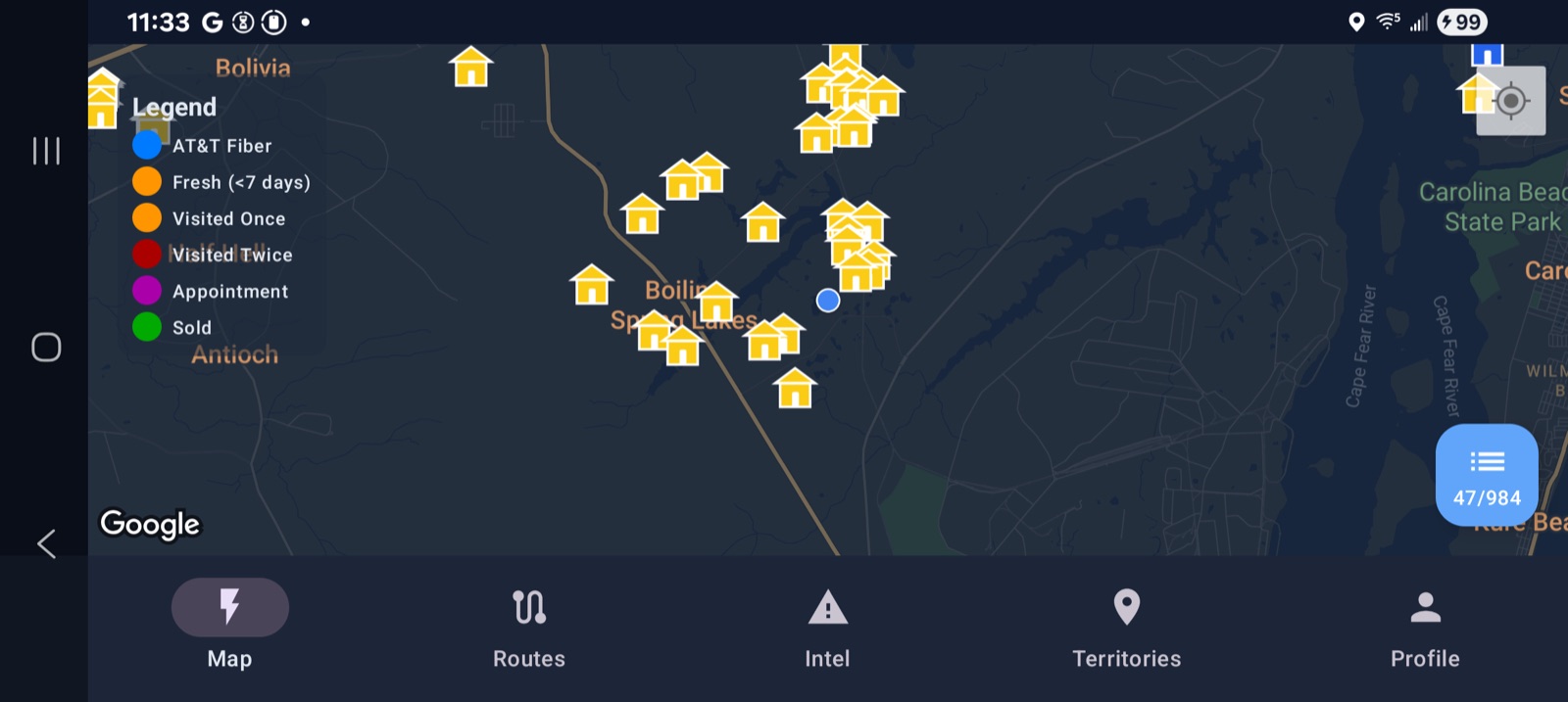 Lightning Leads solar map view showing nearby leads and homeowner details
