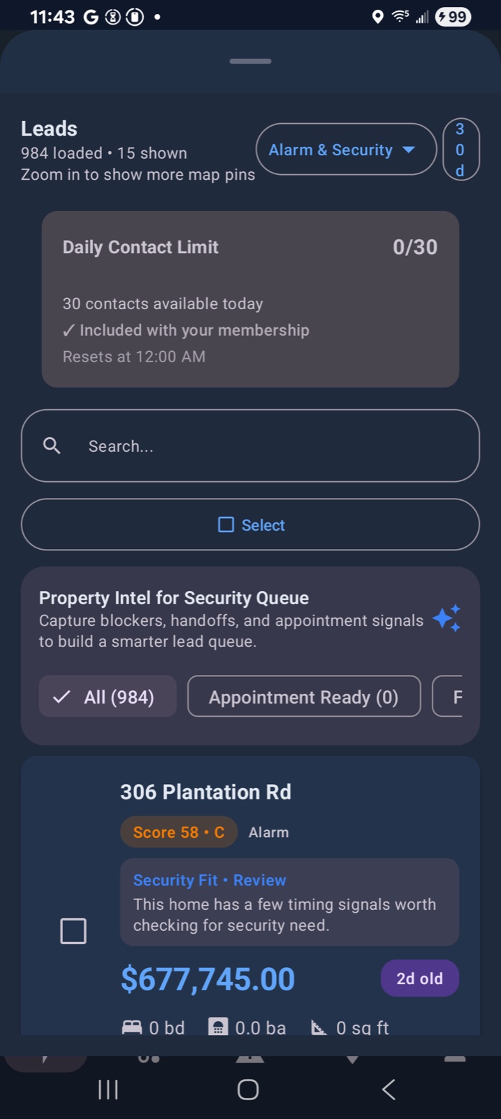Property intel queue and owner contact follow-up workflow inside Lightning Leads