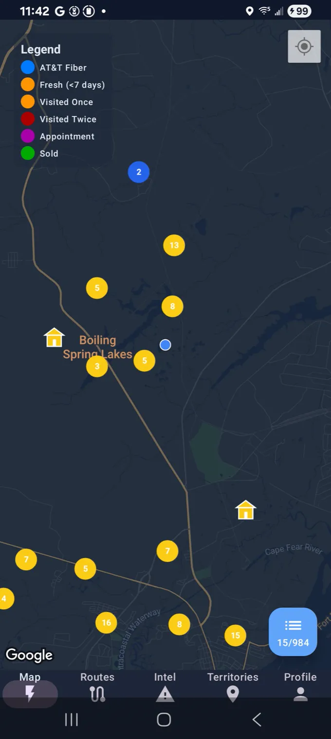 Lightning Leads live field map with nearby lead clusters