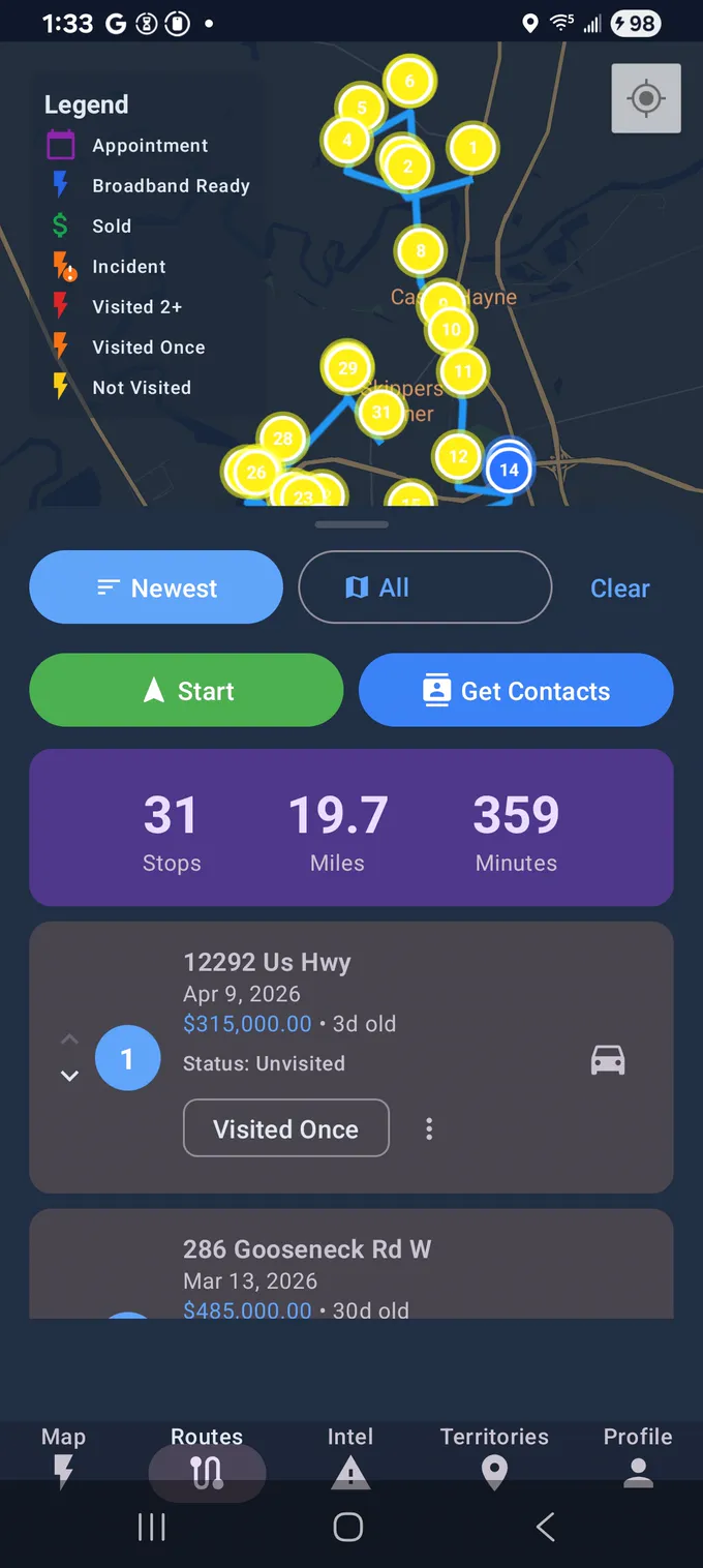 Lightning Leads route planning screen showing a created multi-stop field route