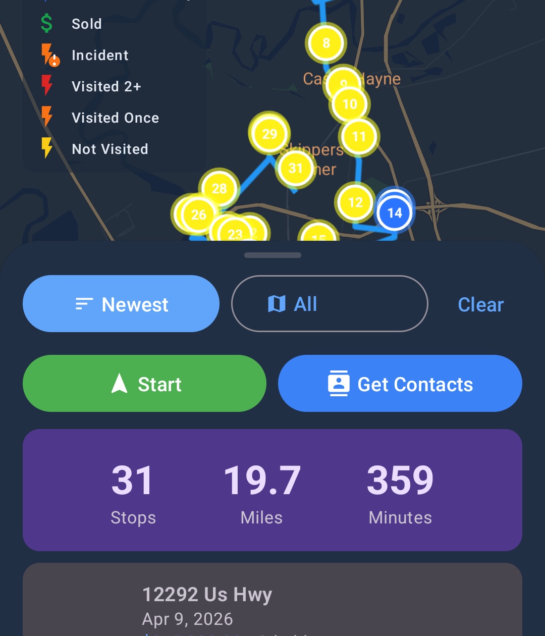 Lightning Leads route planning view for solar reps