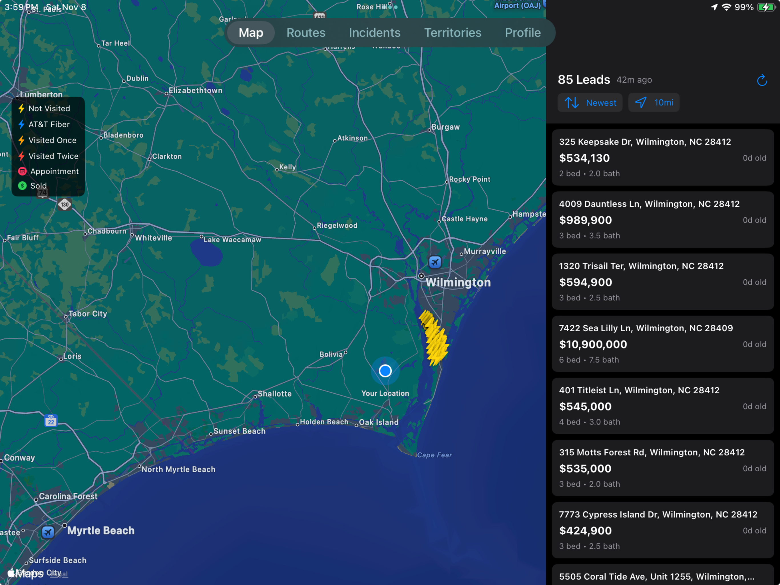 Route planning view inside Lightning Leads