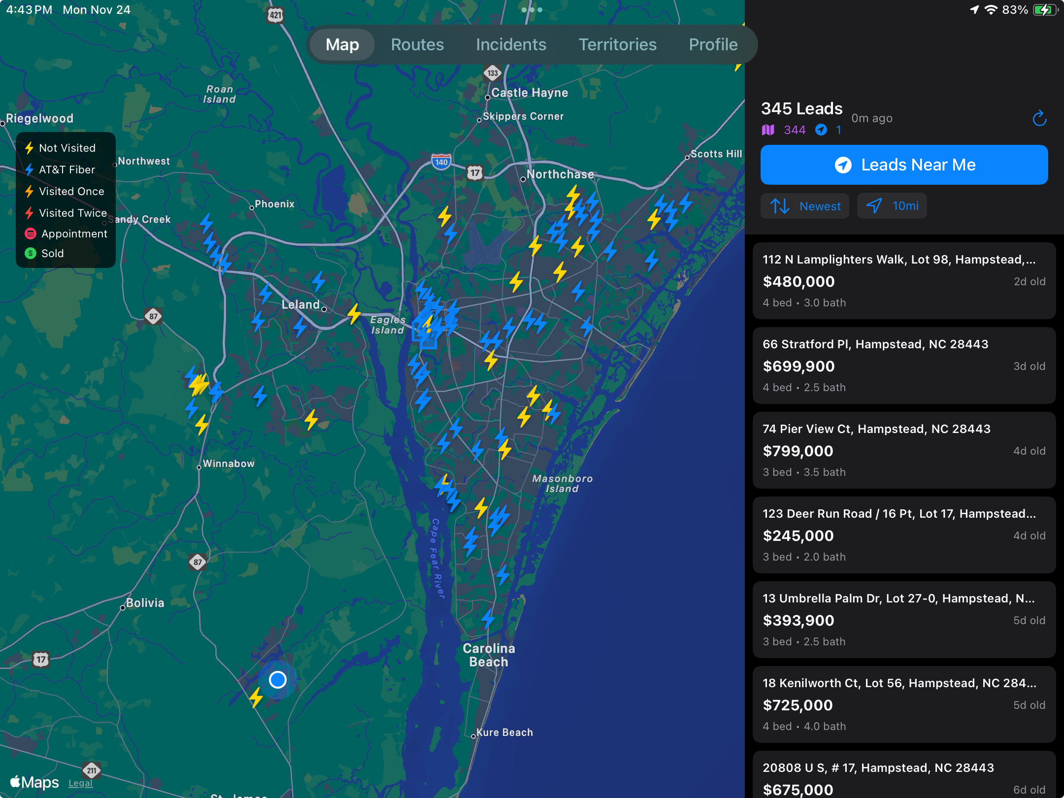 Lightning Leads map view showing property leads and route optimization