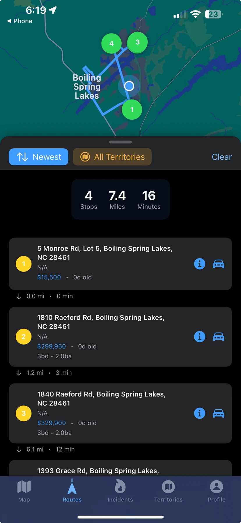 Lightning Leads Routes screen